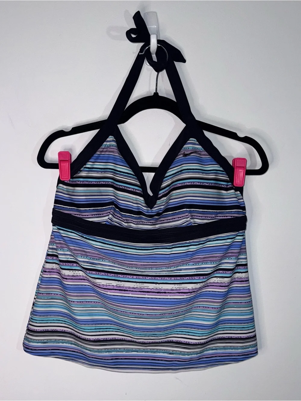 Nike Swim Tankini Top Blue Purple Striped Halter Shelf Bra Size Large 14